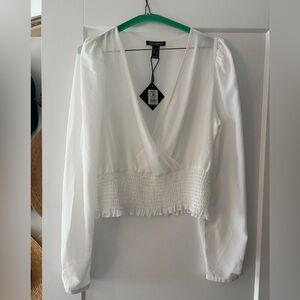 White Long-Sleeve Smocked-Waist Wrap Top